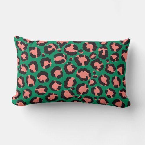 Modern Coral Pink Black Green Leopard Animal Print Lumbar Pillow