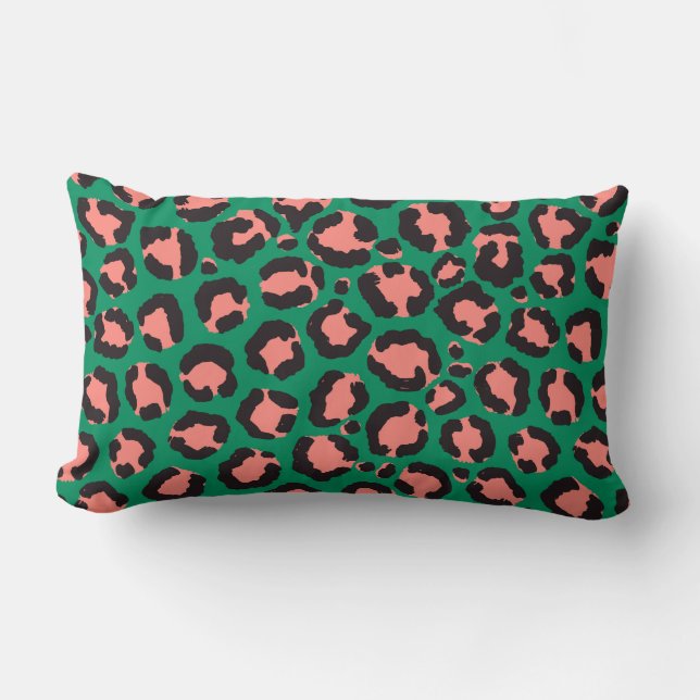 Modern Coral Pink Black Green Leopard Animal Print Lumbar Pillow (Front)