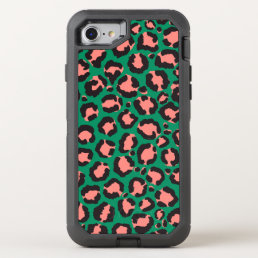 Modern Coral Pink Black Green Leopard Animal Print OtterBox Defender iPhone SE/8/7 Case