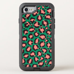 Modern Coral Pink Black Green Leopard Animal Print OtterBox Defender iPhone SE/8/7 Case