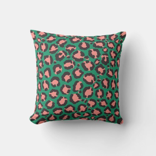 Modern Coral Pink Black Green Leopard Animal Print Outdoor Pillow