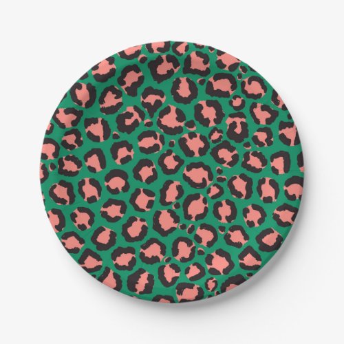 Modern Coral Pink Black Green Leopard Animal Print Paper Plates
