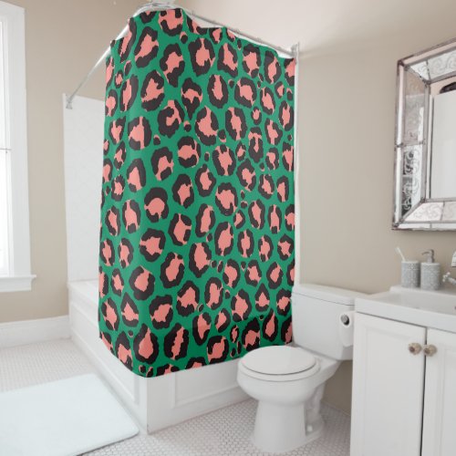 Modern Coral Pink Black Green Leopard Animal Print Shower Curtain