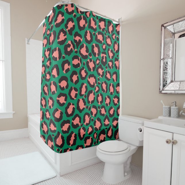 Modern Coral Pink Black Green Leopard Animal Print Shower Curtain (In Situ)
