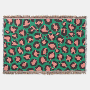 Modern Coral Pink Black Green Leopard Animal Print Throw Blanket