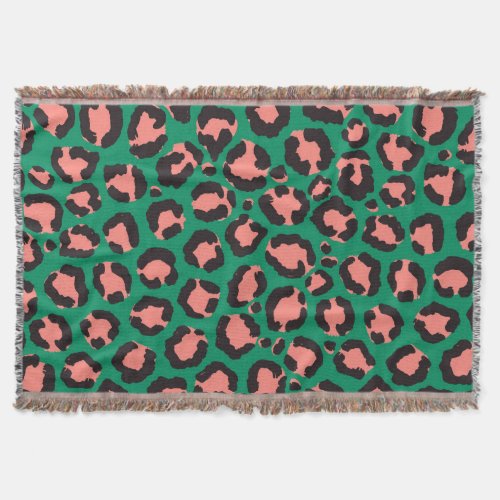 Modern Coral Pink Black Green Leopard Animal Print Throw Blanket