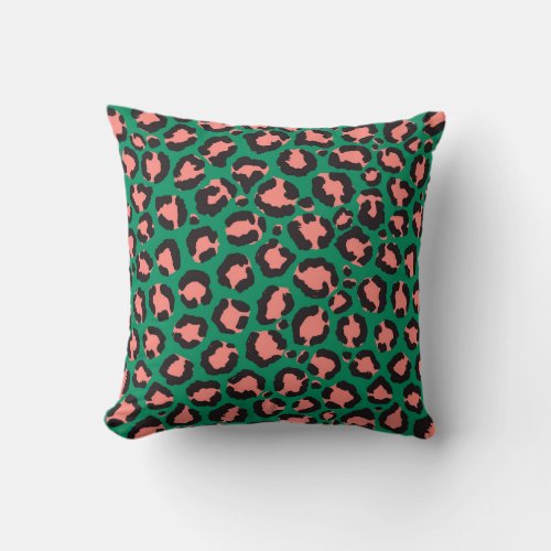 Modern Coral Pink Black Green Leopard Animal Print Throw Pillow