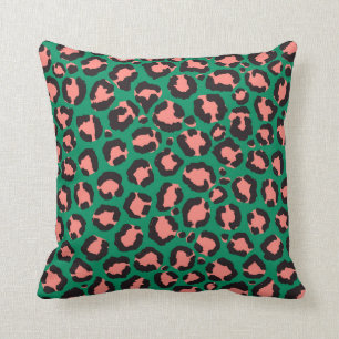 Modern Coral Pink Black Green Leopard Animal Print Throw Pillow