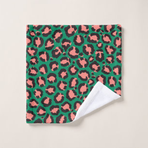 Modern Coral Pink Black Green Leopard Animal Print Wash Cloth