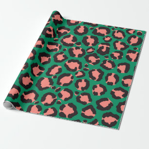 Modern Coral Pink Black Green Leopard Animal Print Wrapping Paper