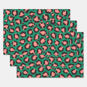 Modern Coral Pink Black Green Leopard Animal Print Wrapping Paper Sheets