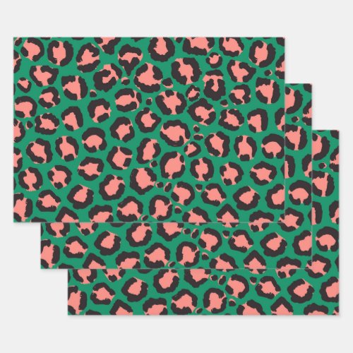 Modern Coral Pink Black Green Leopard Animal Print Wrapping Paper Sheets