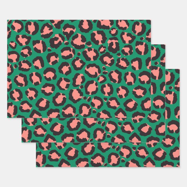 Modern Coral Pink Black Green Leopard Animal Print Wrapping Paper Sheets (Set)