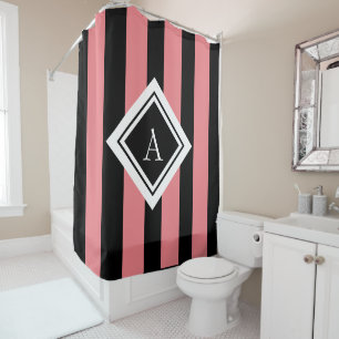Modern Coral Pink Black Vertical Stripes Monogram Shower Curtain
