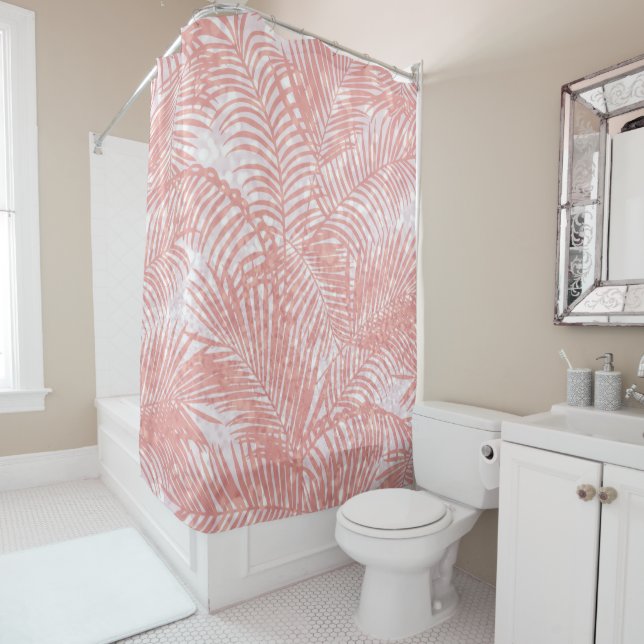 Modern coral pink faux glitter elegant palm tree shower curtain (In Situ)