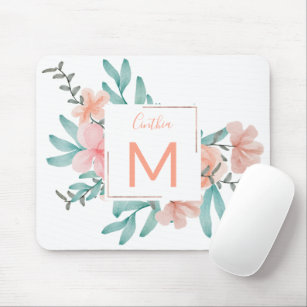 Modern coral pink floral watercolor monogrammed mouse pad