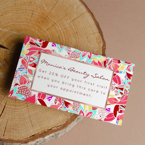 Modern coral pink hand drawn flowers discount card