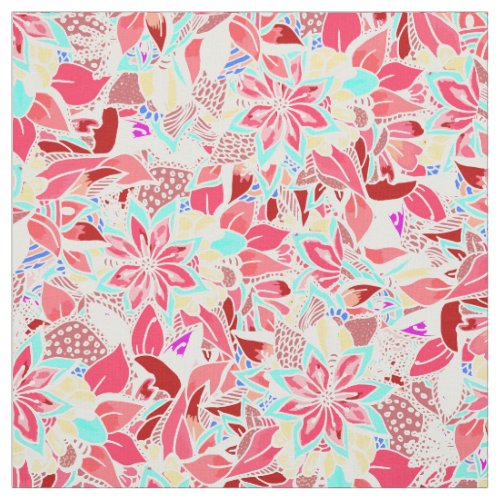 Modern coral pink hand drawn flowers fabric