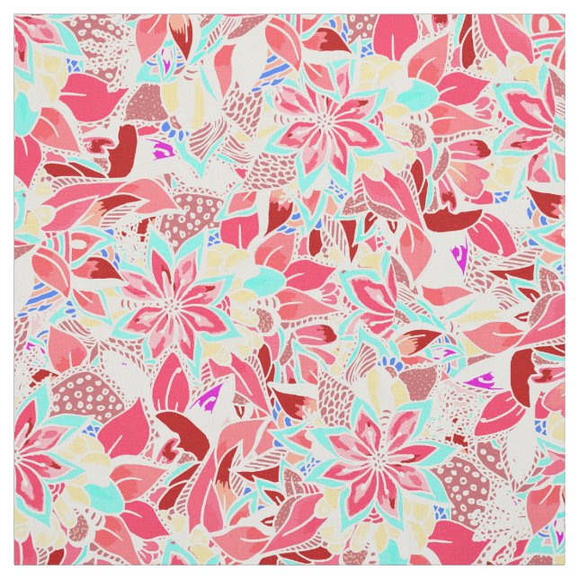Modern coral pink hand drawn flowers fabric (Swatch)