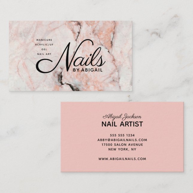 Modern Coral Pink Marble Nails By "Name" Business Card (Front/Back)