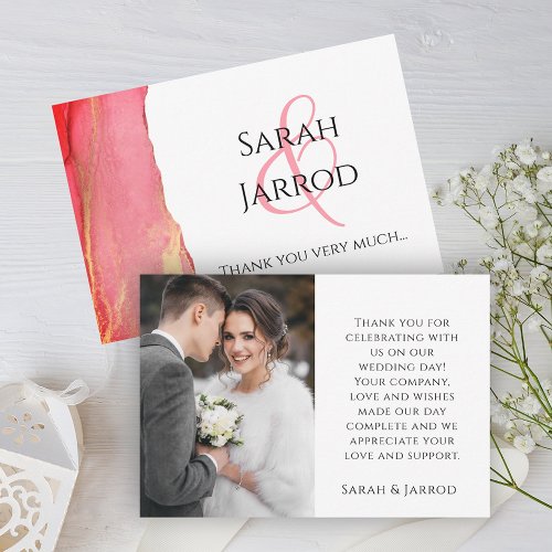 Modern Coral Pink Photo Wedding Thank You Card