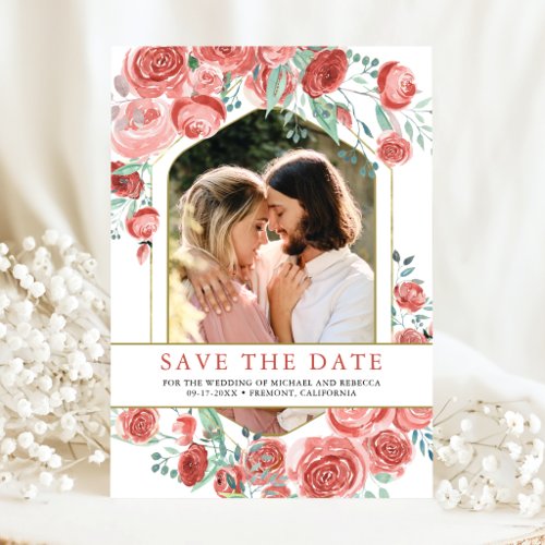 Modern Coral Pink Roses Floral Photo Wedding Save The Date