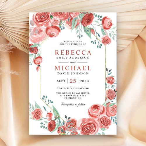 Modern Coral Pink Roses Floral Wedding Invitation