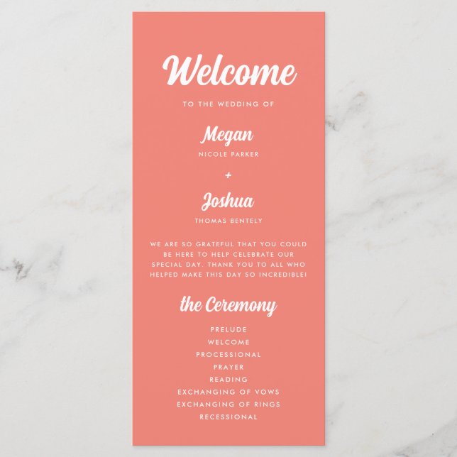 Modern Coral Pink Script Wedding Ceremony Program (Front)