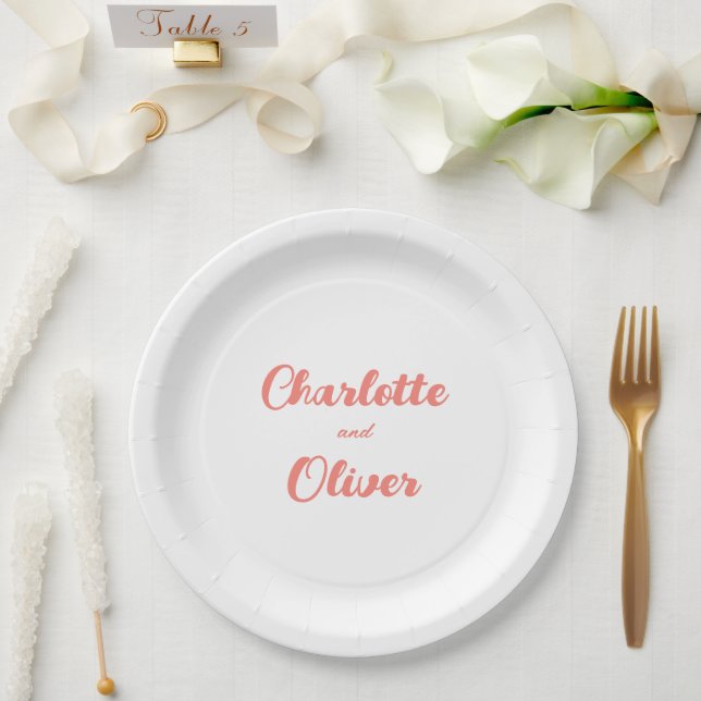 Modern Coral Pink Script Wedding Party Paper Plates (Wedding)