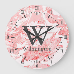 Modern Coral Pink Swirls Roman Numerals Name Large Clock