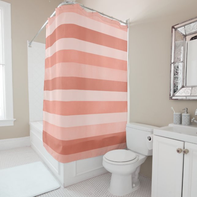 Modern Coral Pink Textured Stripes Pattern Shower Curtain (In Situ)