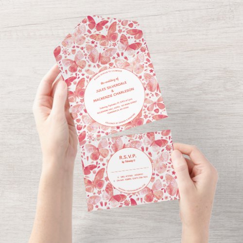 Modern Coral Pink Watercolor Butterfly Painting All In One Invitation