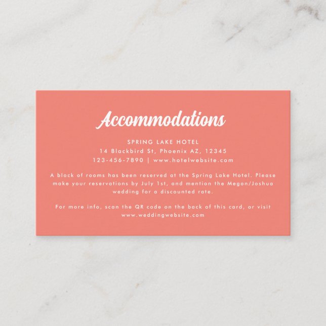Modern Coral Pink Wedding Accommodations Details Enclosure Card (Front)