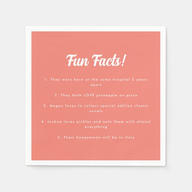 Modern Coral Pink Wedding Fun Facts  Napkins (Front)
