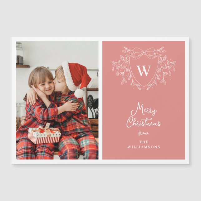 Modern coral pink white crest photo magnetic card (Front)