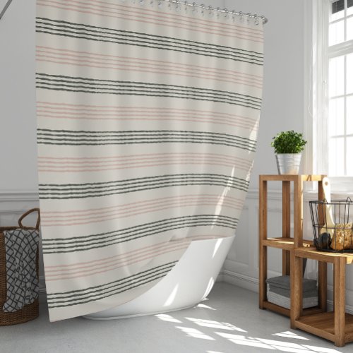 modern Coral Preach Sage Green Stripe Boho  Shower Curtain