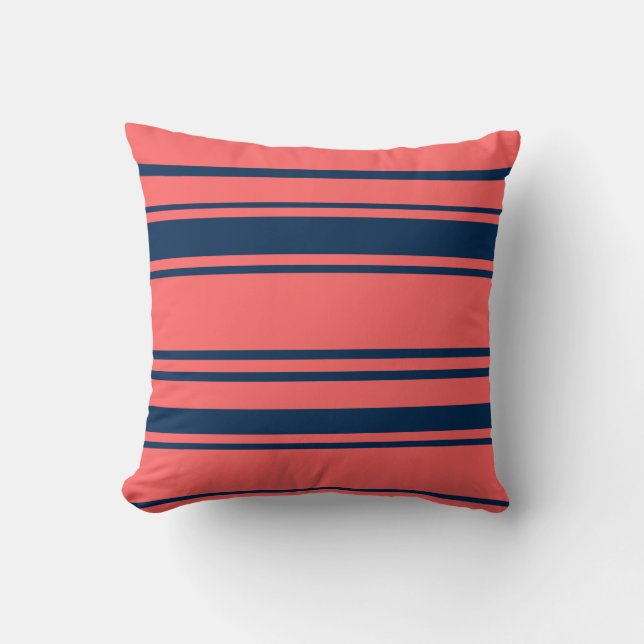 Modern Coral Red And Blue Stripes Pattern Throw Pillow (Front)