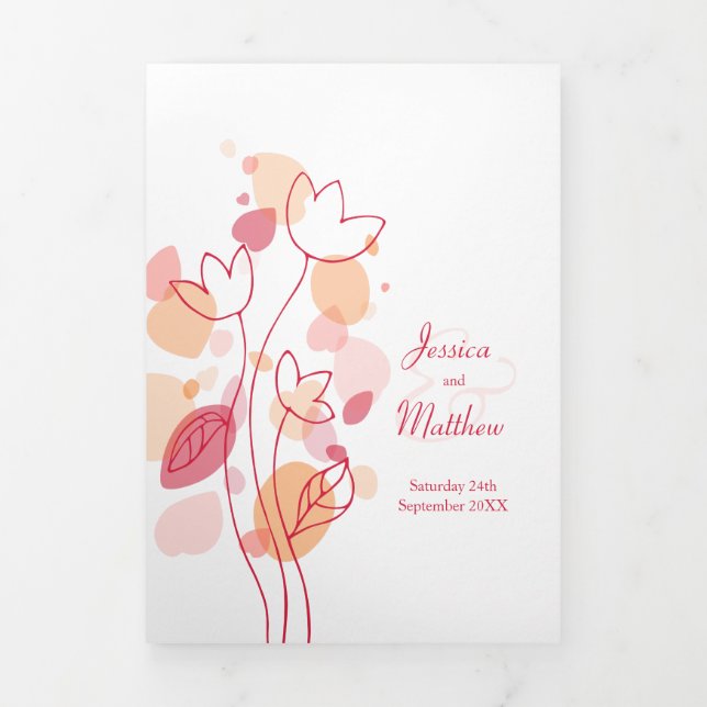 Modern coral red confetti flower petals Wedding Tri-Fold Program (Cover)