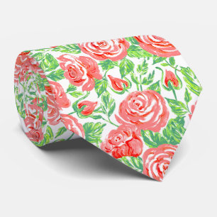 Modern Coral Rose Floral Pattern Wedding Neck Tie