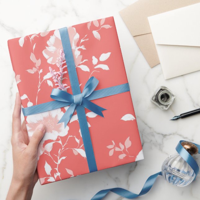 Modern Coral Rose White Floral Pattern Wrapping Paper (Gifting)