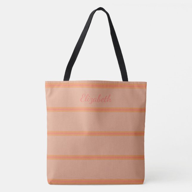 Modern Coral Striped Custom Name Tote Bag (Front)