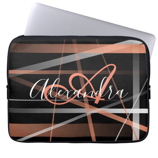 Modern Coral Stripes Abstract Pattern Monogram Laptop Sleeve (Front)