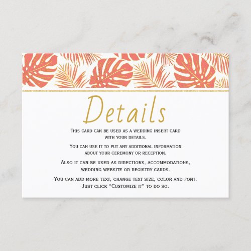 Modern coral tropical leaves wedding details enclosure card