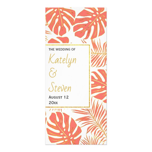 Modern coral tropical leaves wedding program (Front)