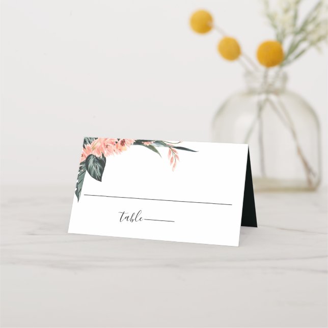 Modern Coral Tropics Floral Wedding Place Card (Front)