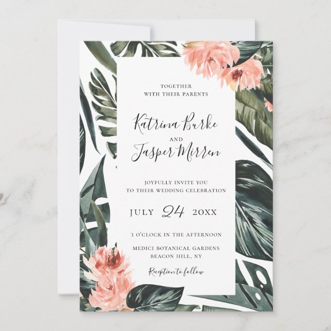 Modern Coral Tropics Frame Wedding Invitation (Front)