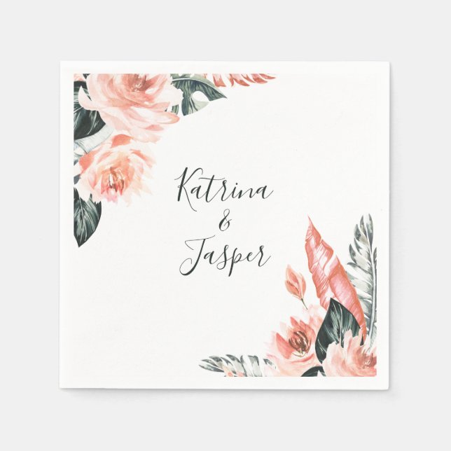 Modern Coral Tropics Wedding Napkins (Front)