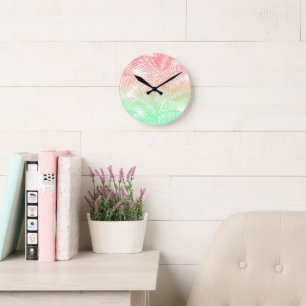 Modern coral turquoise tropical palm trees pattern round clock