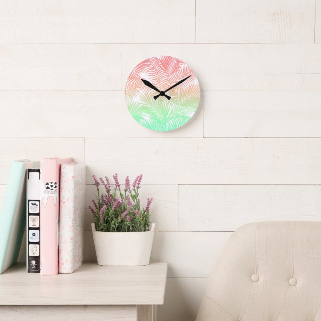Modern coral turquoise tropical palm trees pattern round clock (Reading Room)