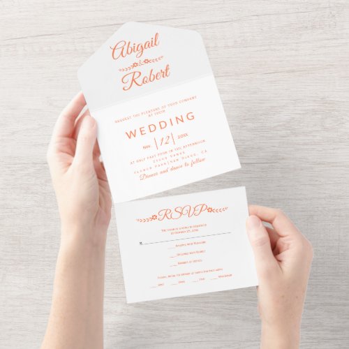 Modern coral typography on white wedding  all in one invitation